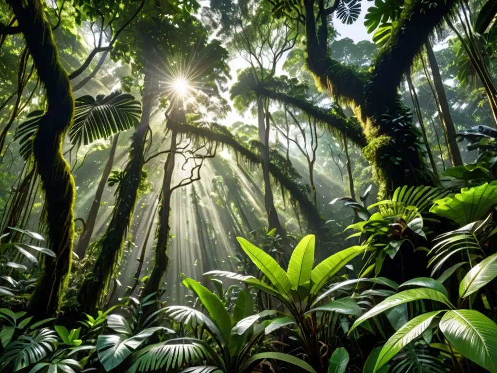 Vibrante dosel de selva con luz solar filtrándose, destacando la biodiversidad