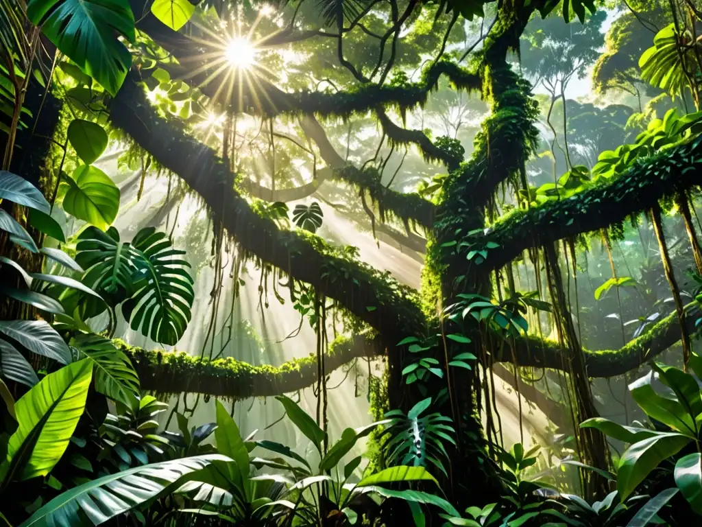 Vibrante dosel de selva tropical, con luz solar filtrándose entre las hojas verdes