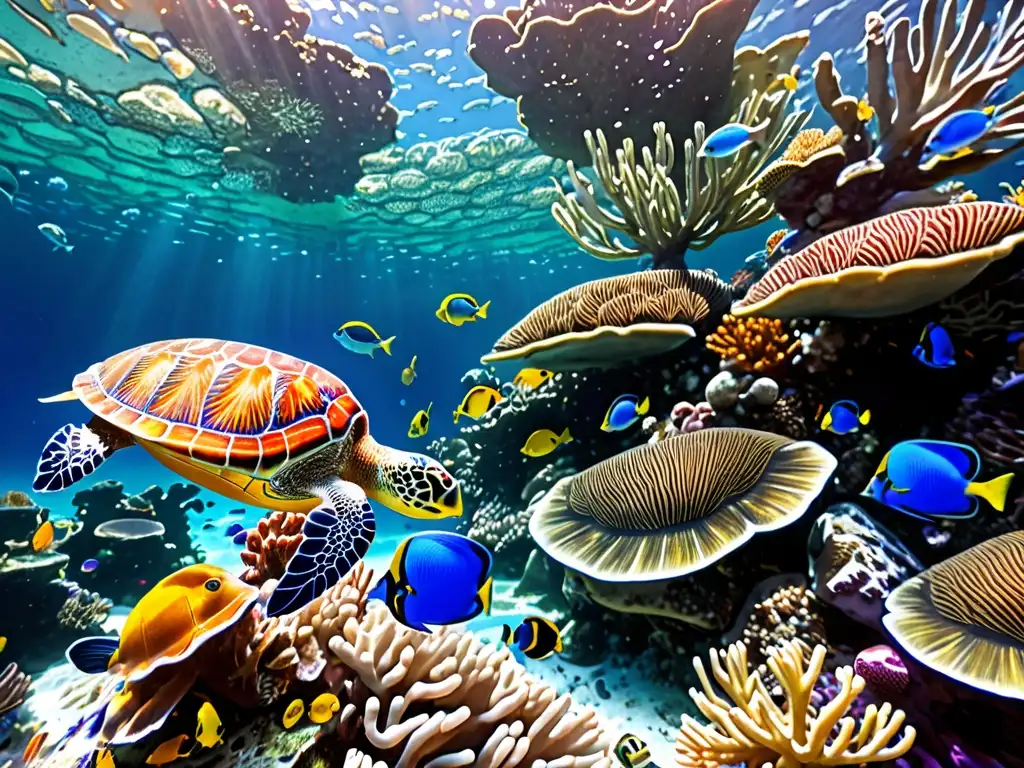 Un vibrante ecosistema de arrecifes de coral bajo el agua, repleto de coloridos peces, plantas marinas ondeantes y formaciones rocosas