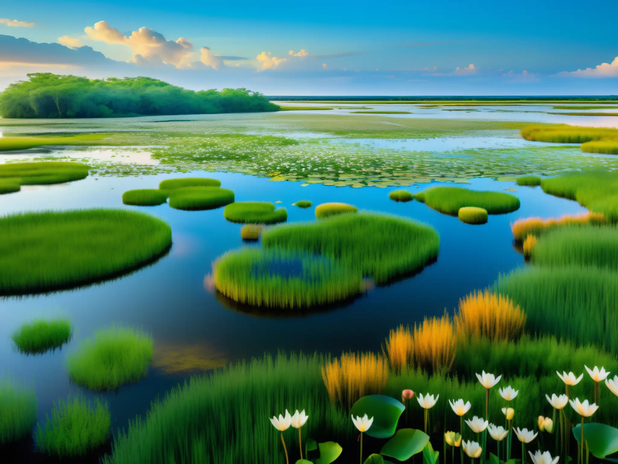 Vibrante ecosistema de humedal, reflejando la diversa vida vegetal y animal