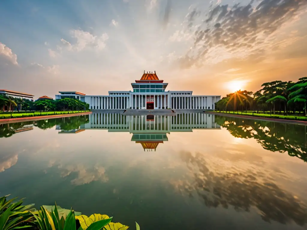 Vibrante amanecer en el edificio de la Asamblea Nacional de Vietnam, reflejando la legislación ambiental y la belleza natural