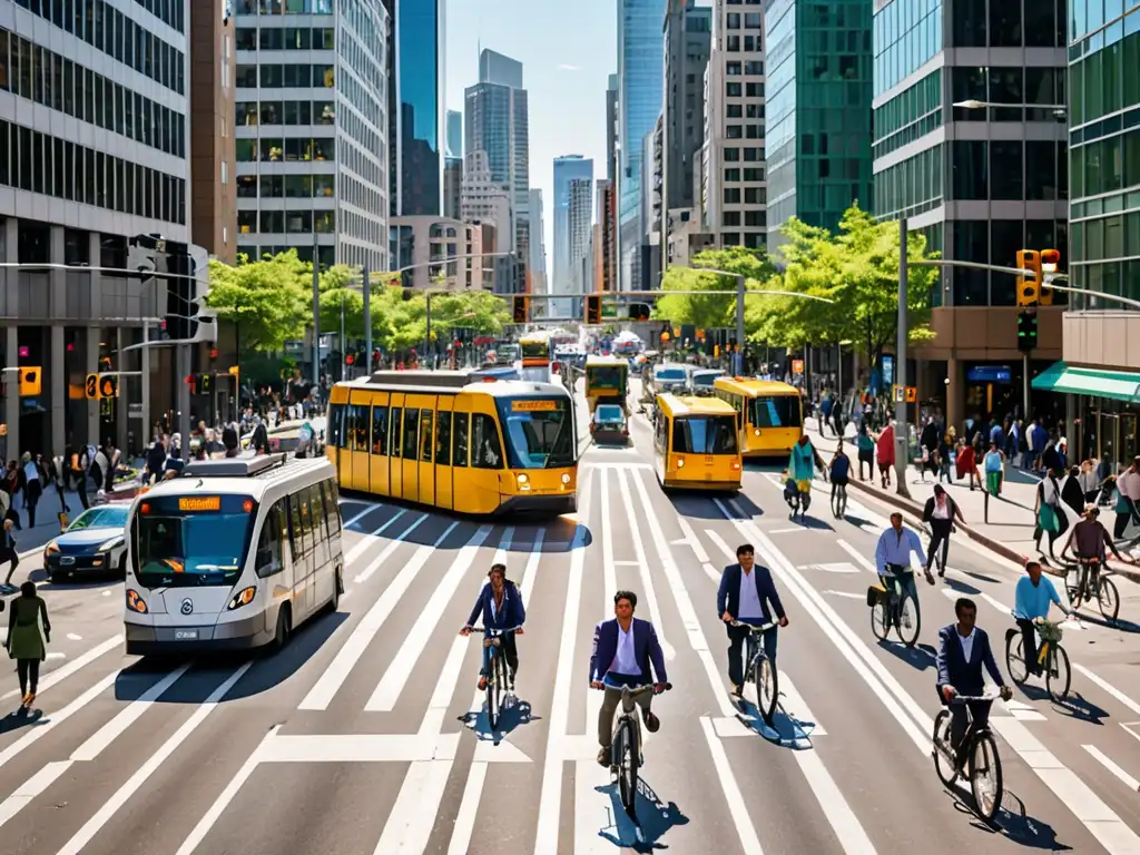 Vibrante escena urbana con estrategias de movilidad urbana sostenible en medio del bullicio de la ciudad