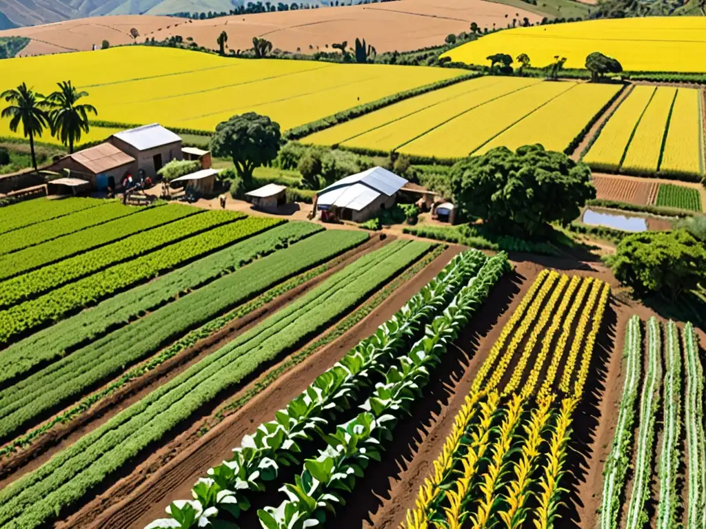 Vibrante granja sostenible en Sudamérica con diversidad de cultivos