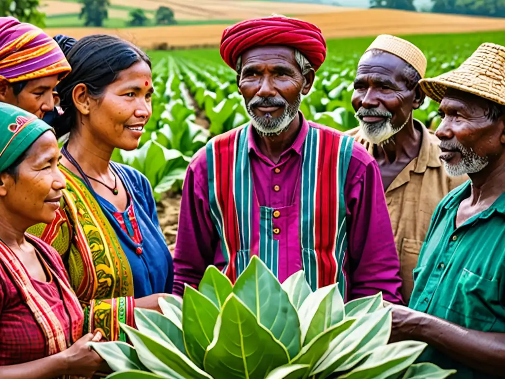 Una vibrante imagen de agricultores de diversas culturas intercambiando conocimientos en un campo