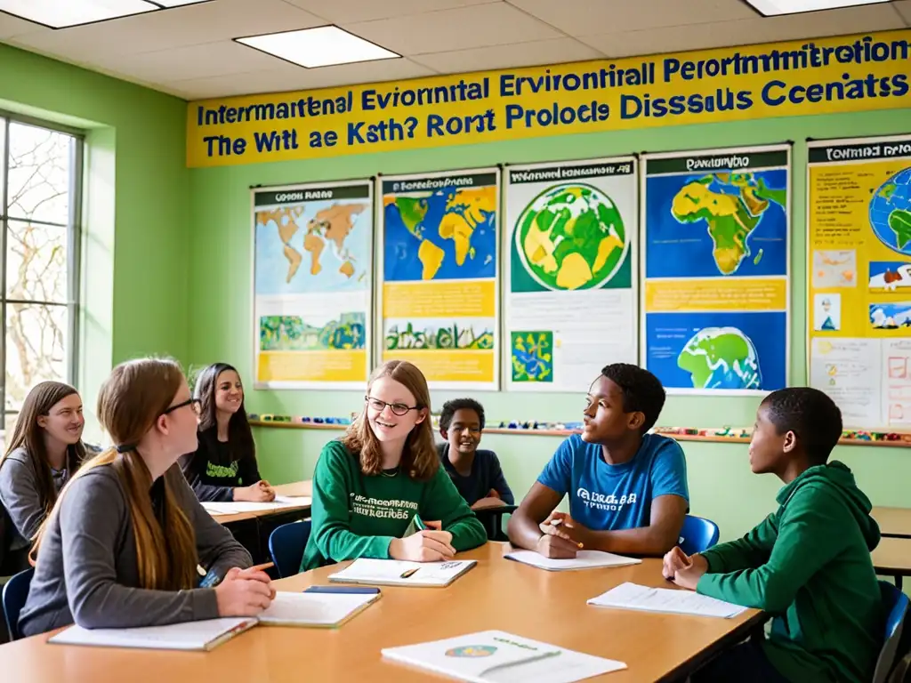 Vibrante discusión sobre la importancia de la educación ambiental en un aula llena de estudiantes comprometidos y diversidad global