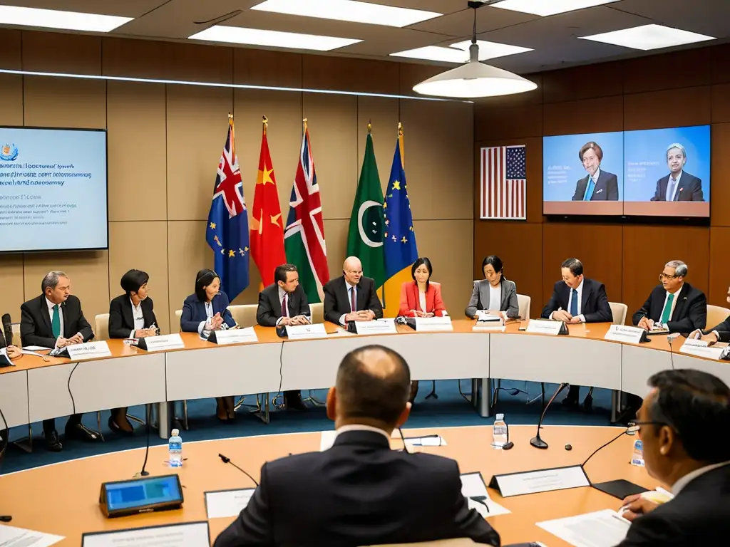 Vibrante conferencia internacional, delegados dialogan sobre acuerdos internacionales energías renovables bajo cálida luz natural