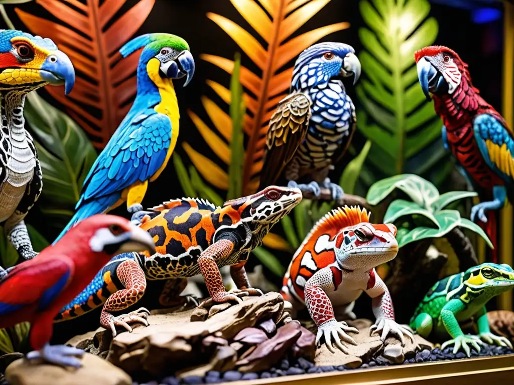 Vibrante exhibición de mascotas exóticas en tienda, con reptiles, aves y mamíferos coloridos