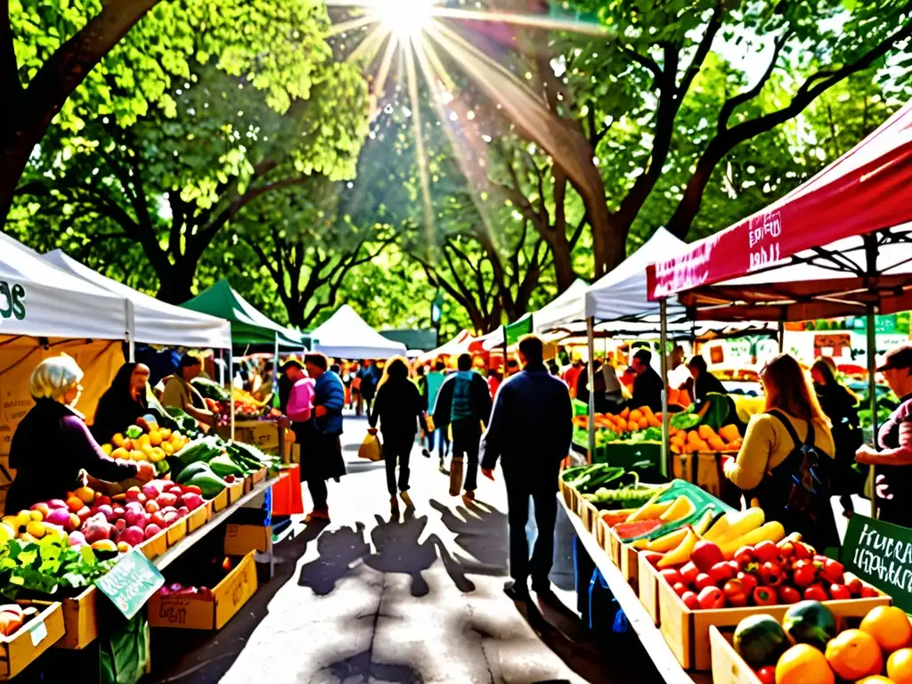 Un vibrante mercado lleno de vendedores ofreciendo frutas y verduras locales y coloridas, con señalización y etiquetas ecológicas destacadas