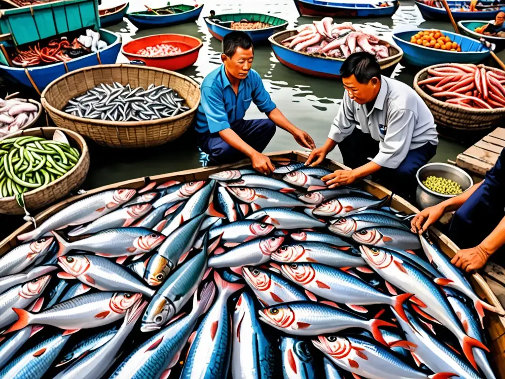 Vibrante mercado de pescado en el Mar del Sur de China, reflejando conflictos legales y conservación marina