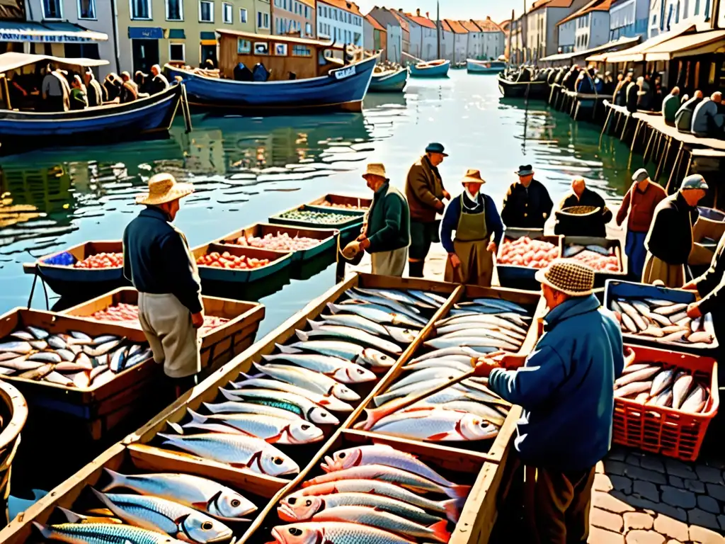 Vibrante mercado de pescado en un pueblo costero europeo