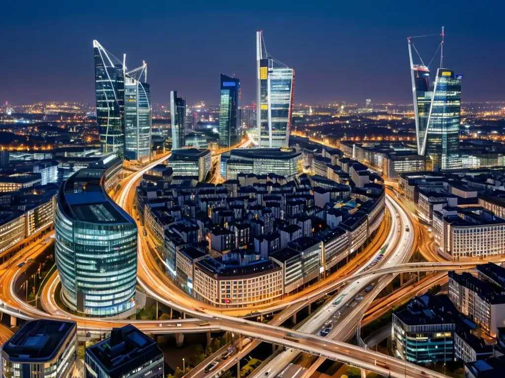 Vibrante ciudad europea de noche con edificios iluminados y calles bulliciosas