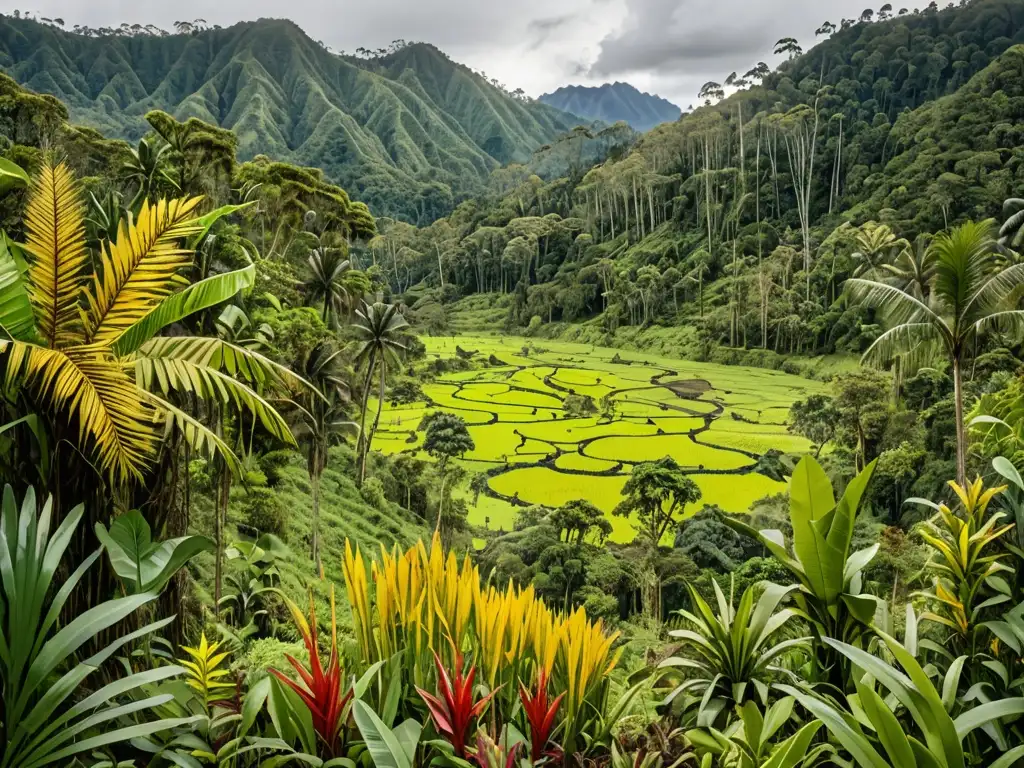 Vibrante paisaje biodiverso en Papua Nueva Guinea, mostrando impacto de regulaciones agricultura en el medio ambiente de Oceanía