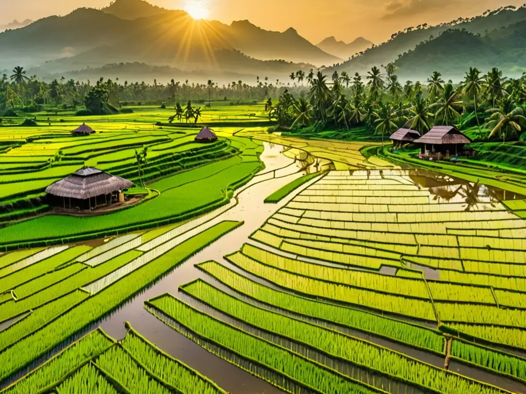 Vibrante paisaje agrícola en Sri Lanka con redes de riego y montañas neblinosas al fondo