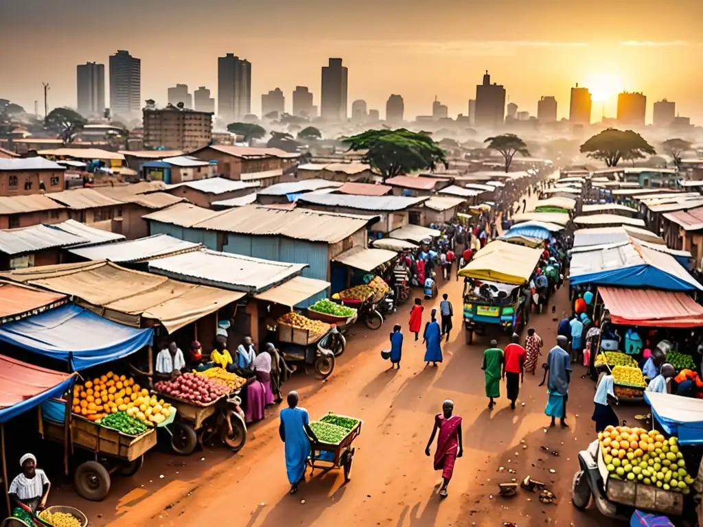 Un vibrante paisaje urbano en África, con rascacielos, asentamientos informales, calles bulliciosas, mercados coloridos y un atardecer brumoso