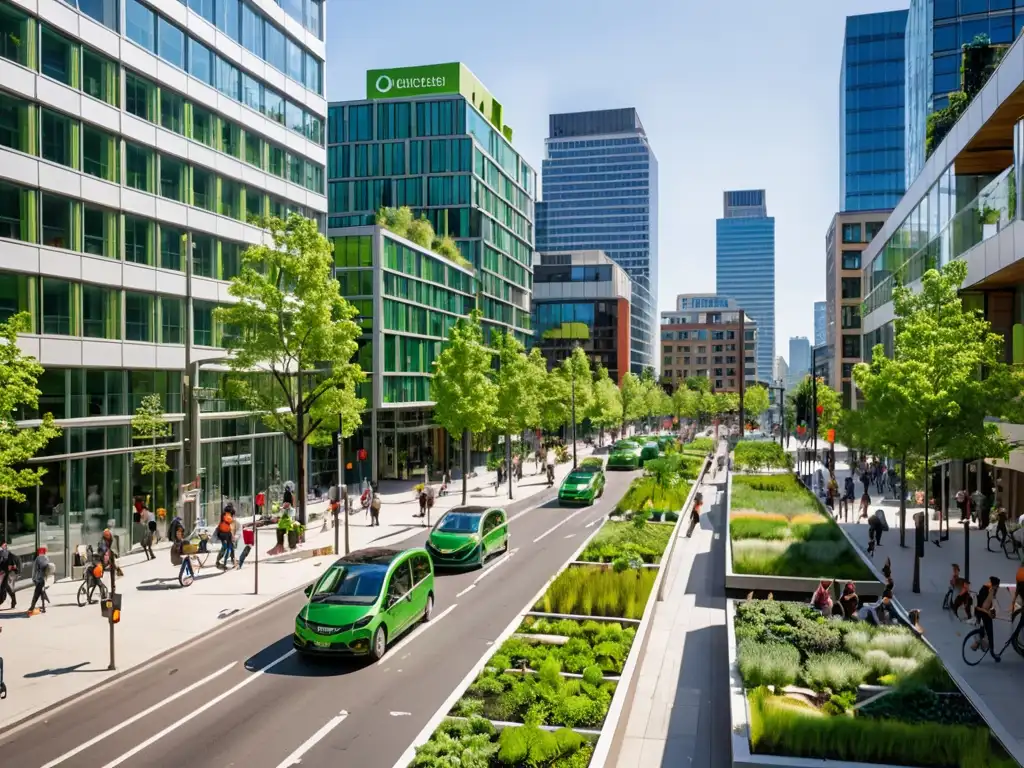 Un vibrante paisaje urbano sostenible con modernos edificios verdes y una planificación urbana ecofriendly