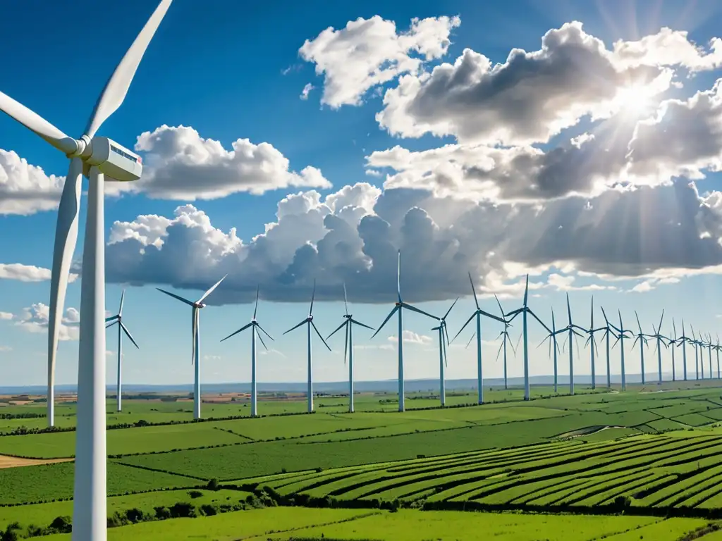 Vibrante paisaje verde en América Latina, con molinos de viento y paneles solares integrados, capturando la energía renovable