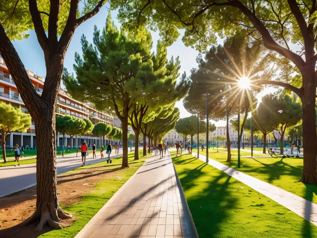 Vibrante parque urbano en España muestra la legislación áreas verdes urbanas, gente disfrutando actividades al aire libre