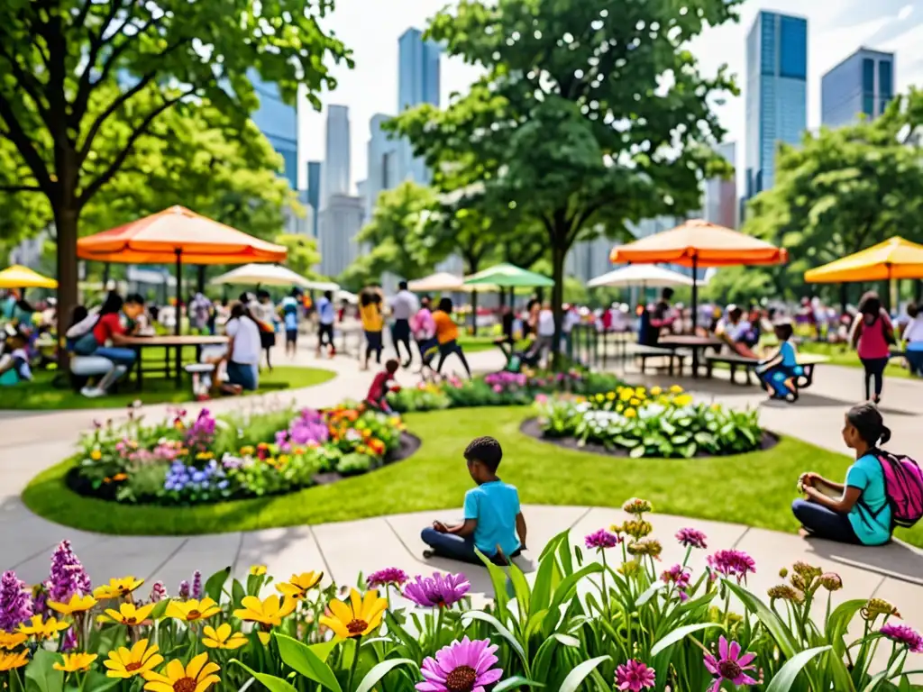 Vibrante parque urbano con diversidad de personas y exuberante naturaleza, muestra impacto positivo de regulación pesticidas áreas verdes urbanas