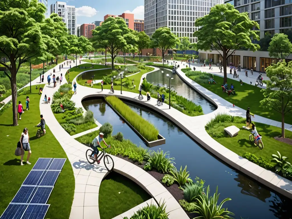 Vibrante parque urbano con naturaleza exuberante y elementos de diseño sostenible, reflejando el Derecho ambiental y desarrollo sustentable