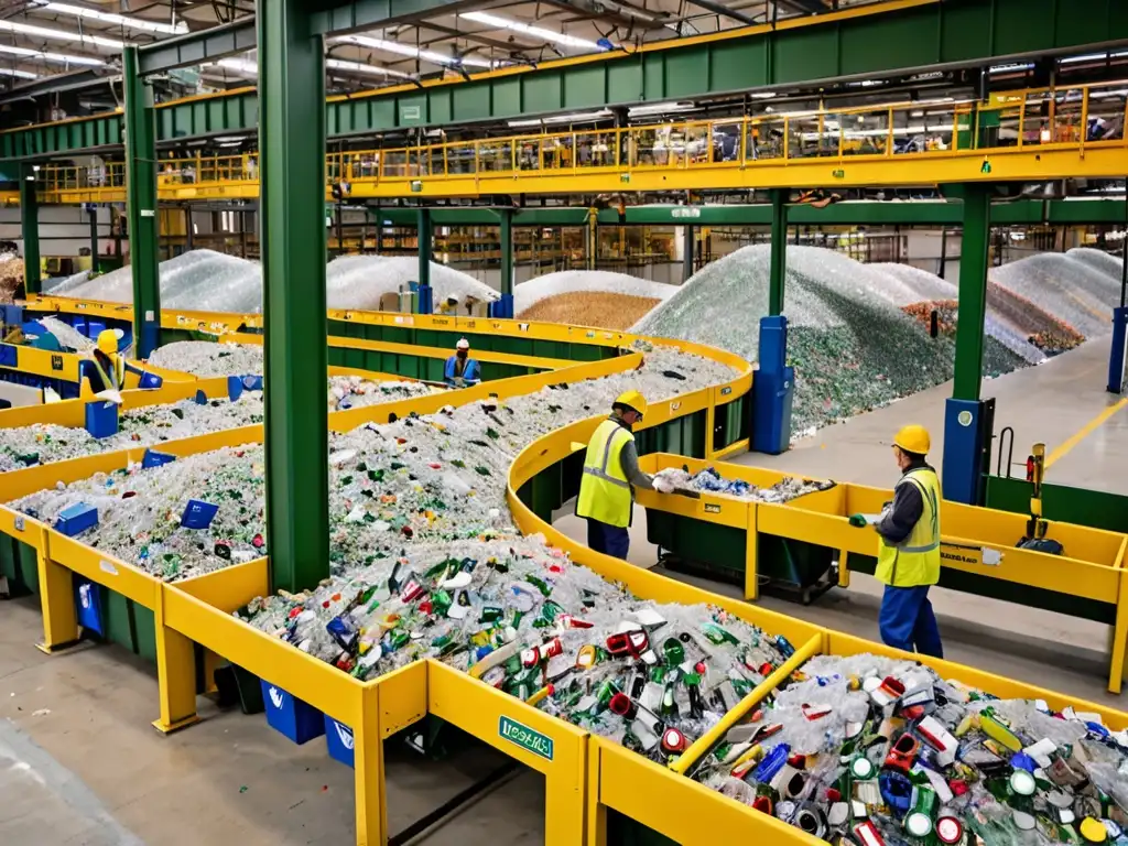 Una fotografía vibrante de una planta de reciclaje, con trabajadores clasificando materiales reciclables como vidrio, plástico y papel