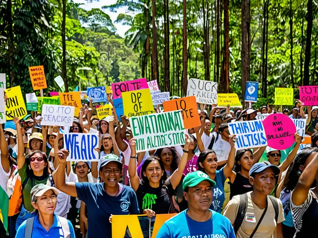 Un vibrante y poderoso retrato de activistas sosteniendo pancartas con consignas ambientales durante una protesta pacífica