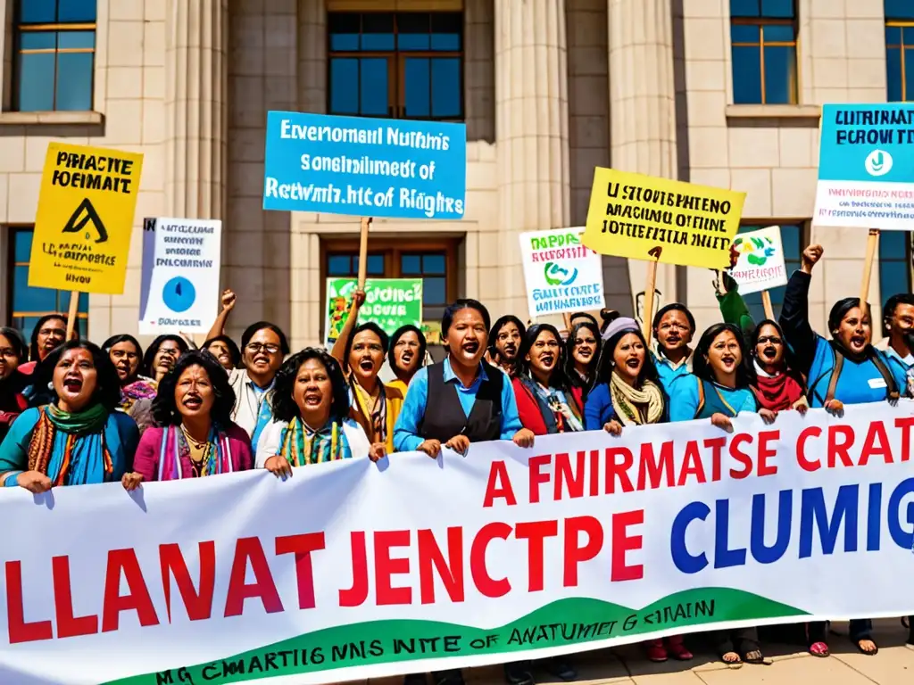 Vibrante protesta por movimientos sociales justicia climática frente a edificio gubernamental bajo cielo azul