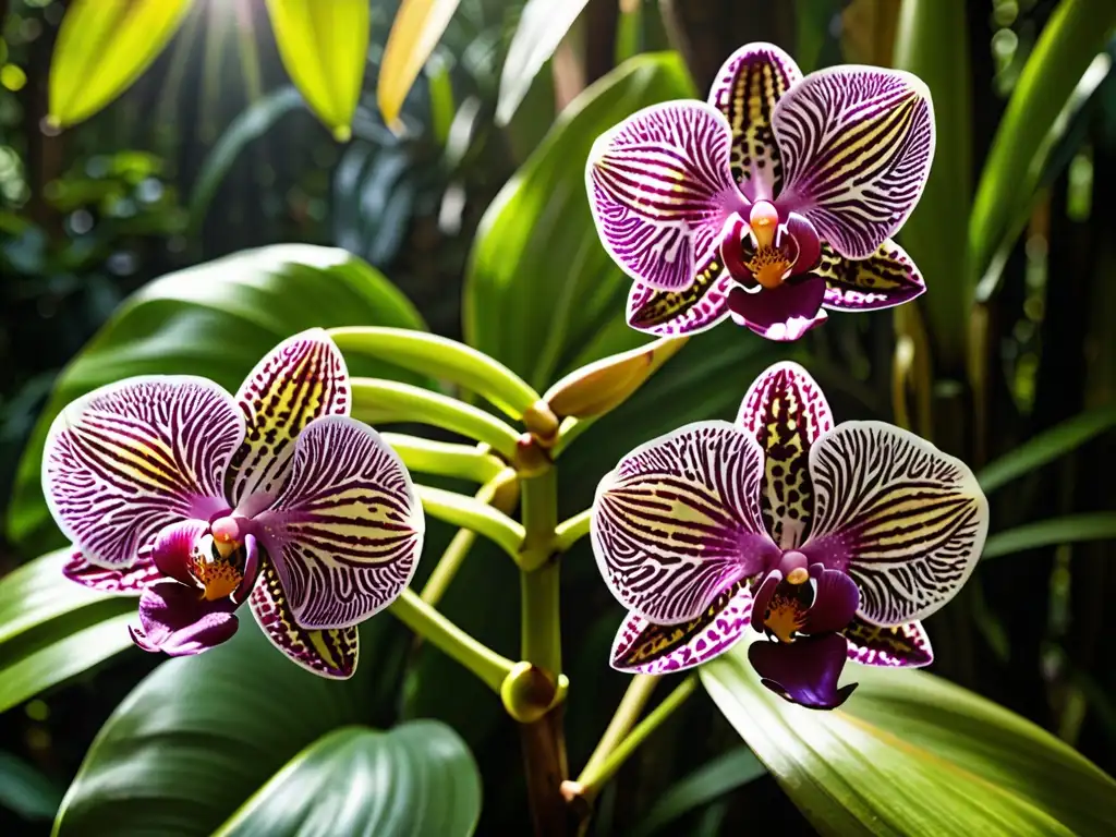 Orquídea vibrante rodeada de vegetación exuberante en la selva tropical, enfatizando la importancia de las normativas protección flora autóctona