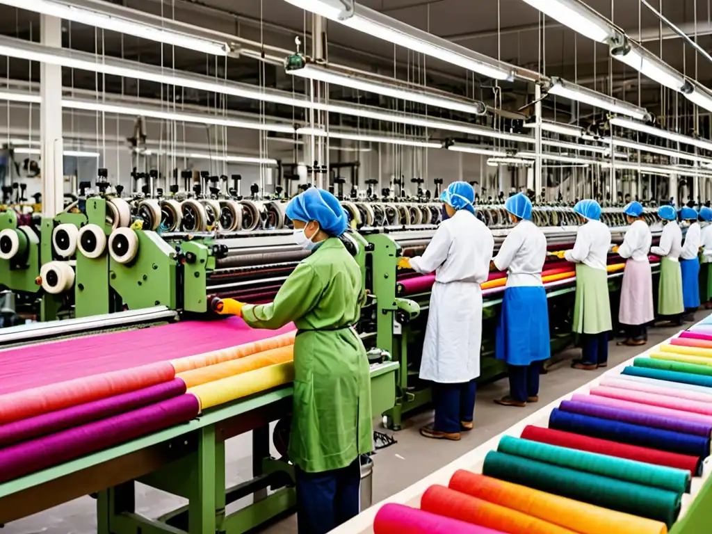 Vibrante fábrica textil con tecnología ecofriendly y trabajadores en equipo, desafiando cumplimiento ambiental en la industria textil