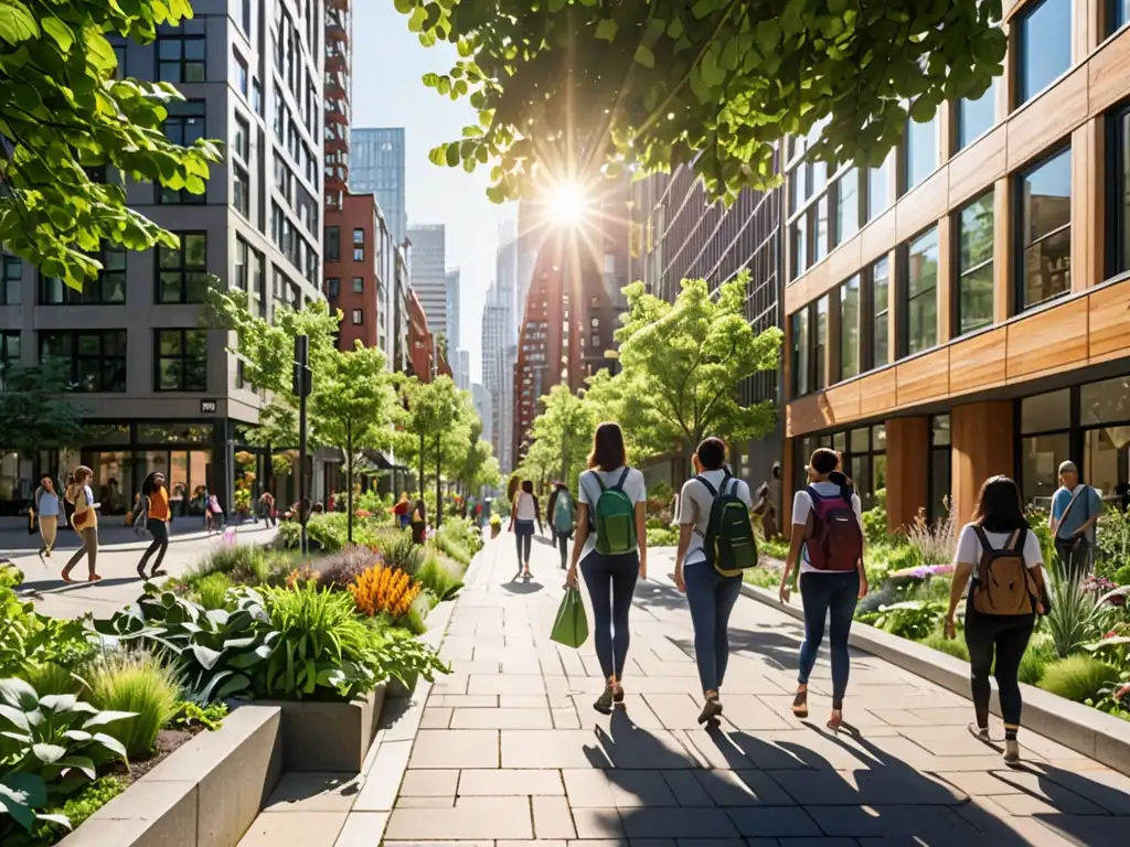 Un vibrante jardín urbano integrado en la bulliciosa ciudad, mostrando la integración de la biodiversidad en la planificación urbana