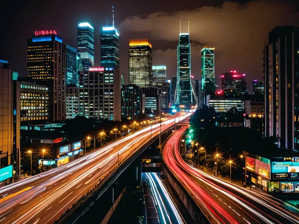 Vibrante vida nocturna en la ciudad, con luces de autos y smog