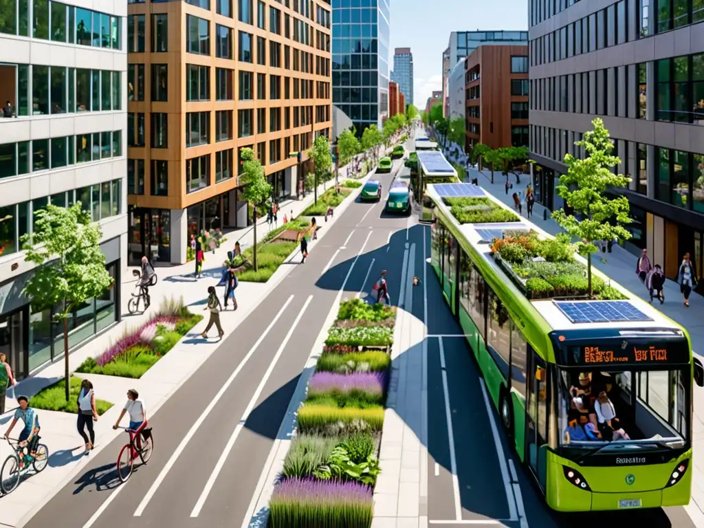 Vida urbana sostenible con diversidad de personas, ciclistas y buses eléctricos