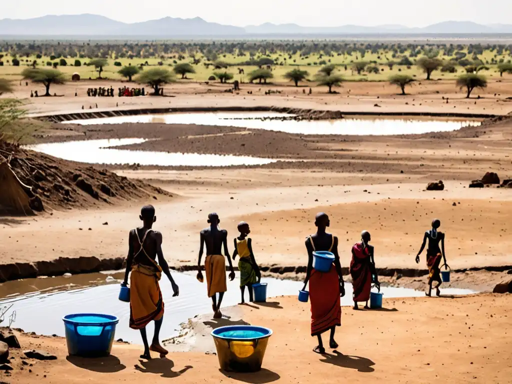 Villagers africanos reuniéndose alrededor de fuente de agua en tierra árida