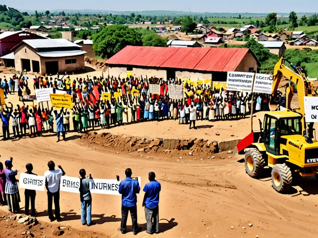 Villagers en protesta pacífica contra la construcción, representando el impacto de infraestructuras controvertidas en comunidades locales