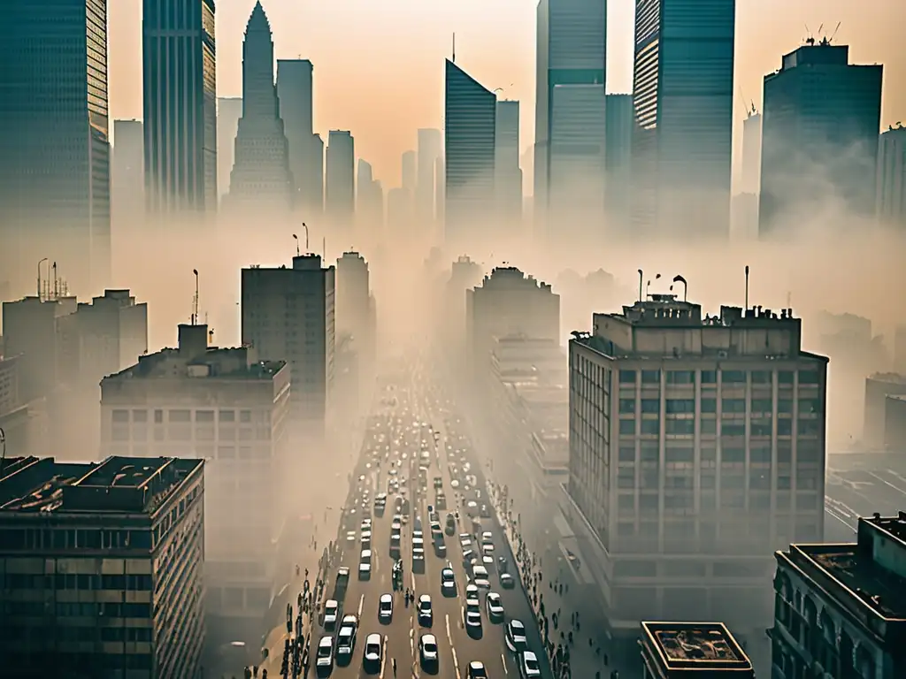 Vínculo entre salud pública y calidad del aire: Fotografía aérea de una ciudad envuelta en smog, con siluetas de rascacielos apenas visibles