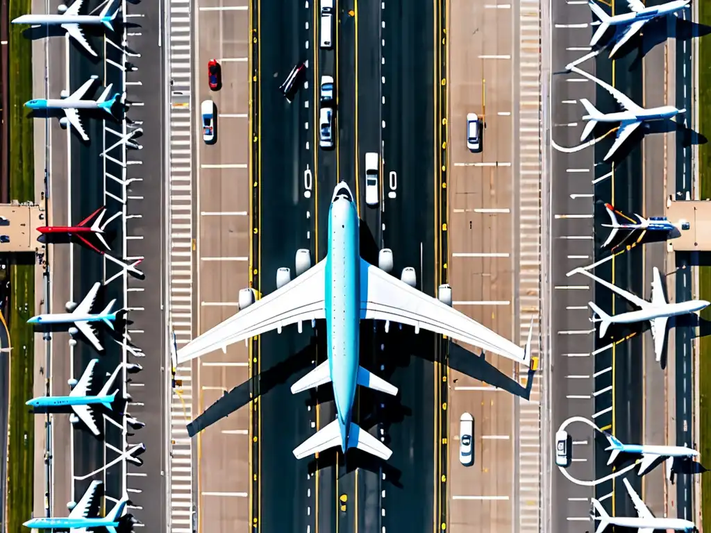 Vista aérea de aeropuerto con aviones comerciales, regulaciones emisiones aviación impacto global