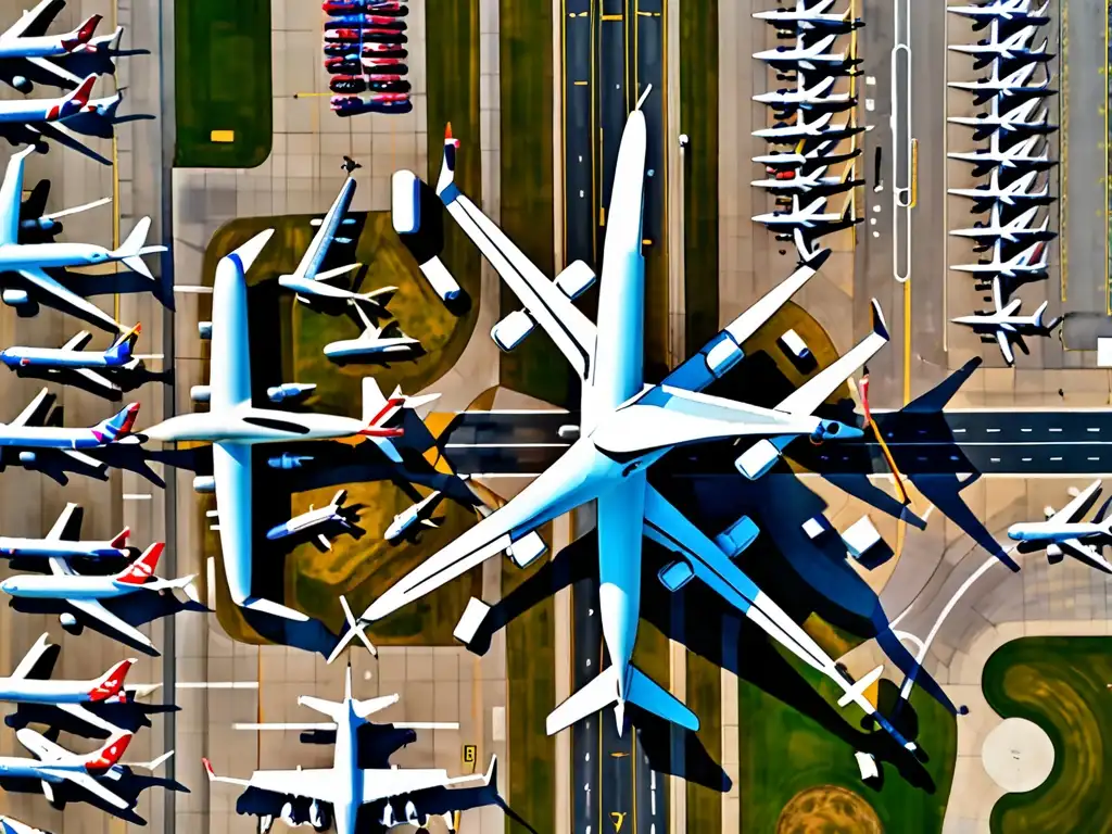 Vista aérea de un aeropuerto con aviones comerciales estacionados, personal y vehículos en movimiento, pista y torre de control