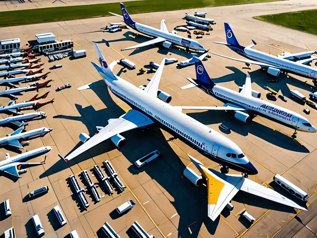 Vista aérea de un aeropuerto con aviones en la pista, simbolizando la reducción de emisiones en la aviación a nivel global