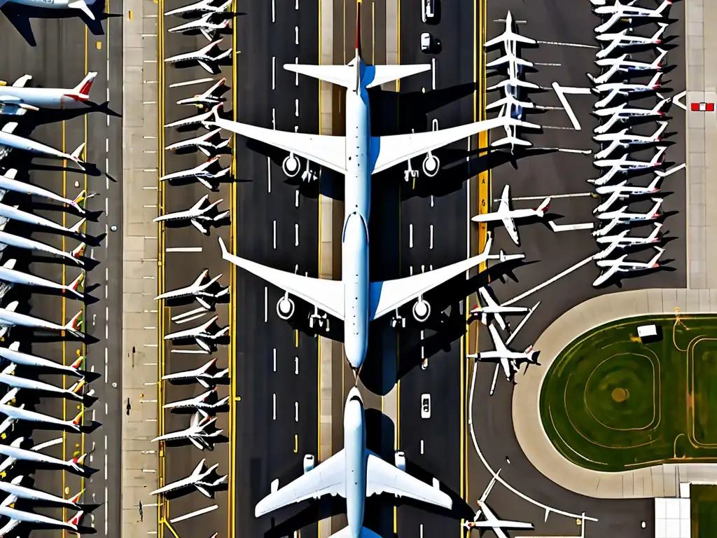 Vista aérea de un aeropuerto con aviones comerciales en la pista, destacando la actividad frenética