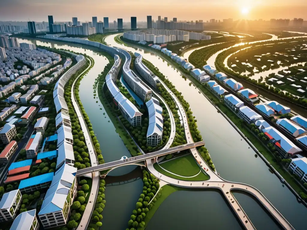 Vista aérea de la gestión del agua en ciudades sostenibles y su relación con la infraestructura urbana, con una hermosa luz dorada al atardecer