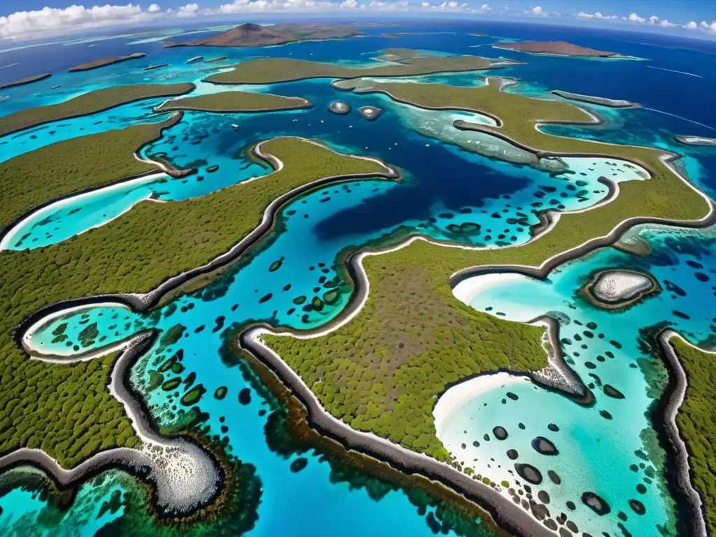 Vista aérea de aguas turquesas y vida marina en las Islas Galápagos, reflejo de conflictos legales conservación marina