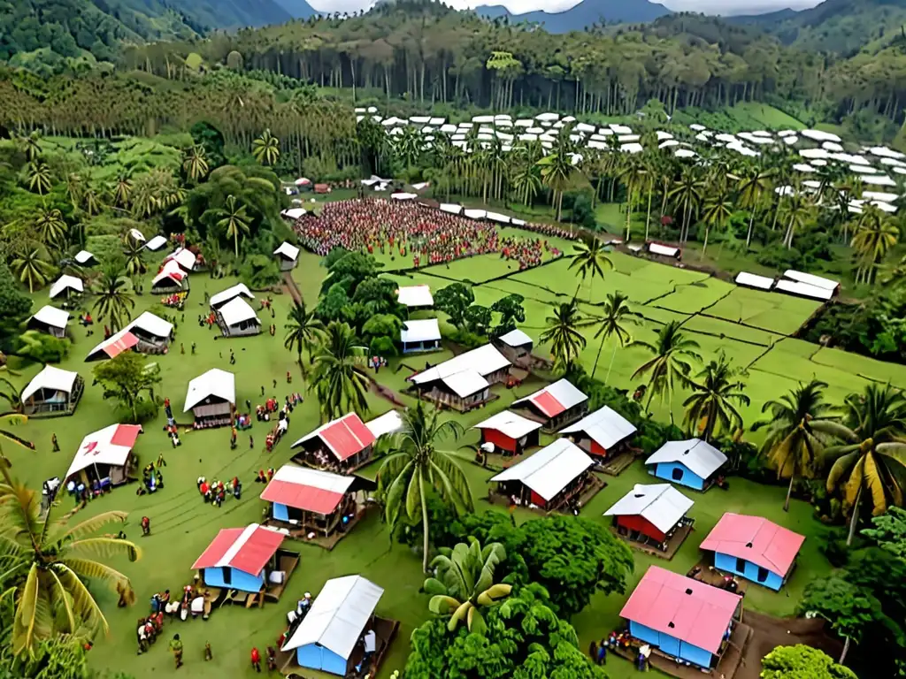 Vista aérea de aldea en Papúa Nueva Guinea, con comunidad realizando simulacros de gestión de desastres naturales y protocolos legales