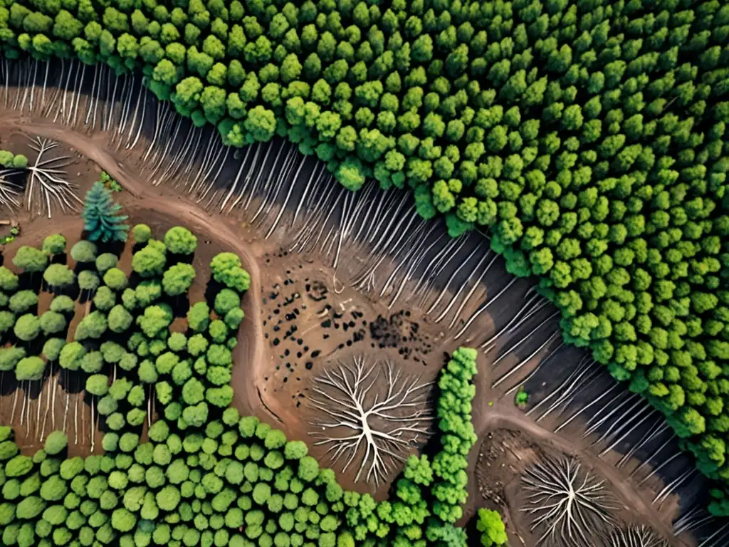 Vista aérea de área deforestada, contraste entre exuberante bosque y paisaje desolado