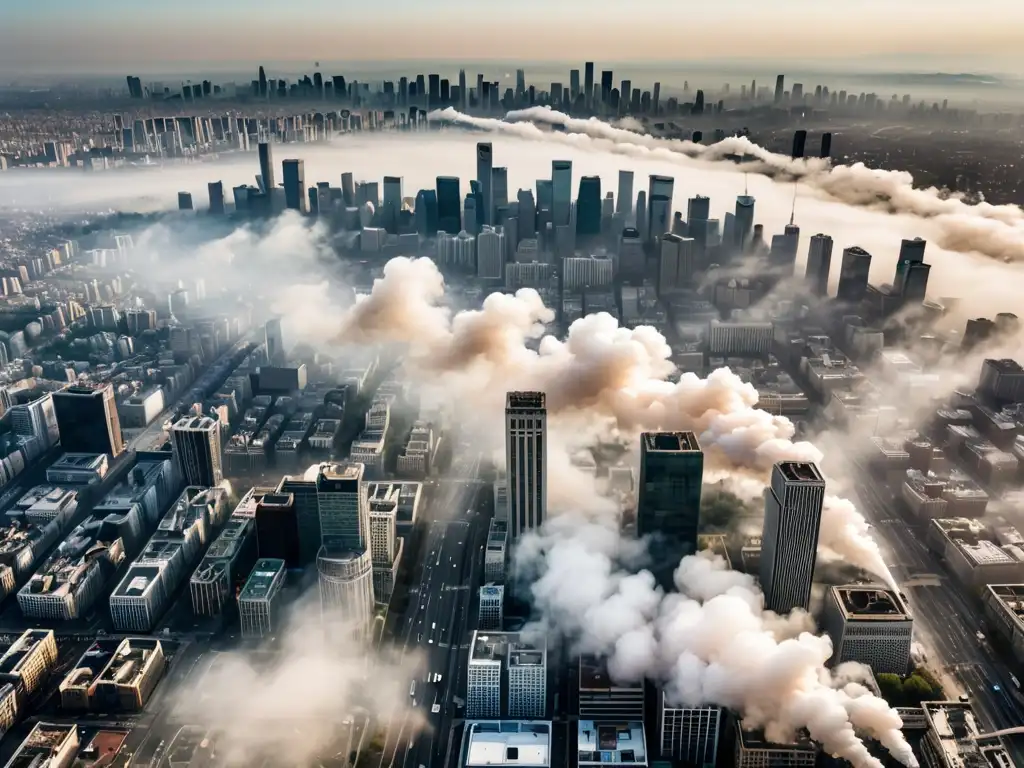 Vista aérea de área urbana con smog y contraste con entorno natural