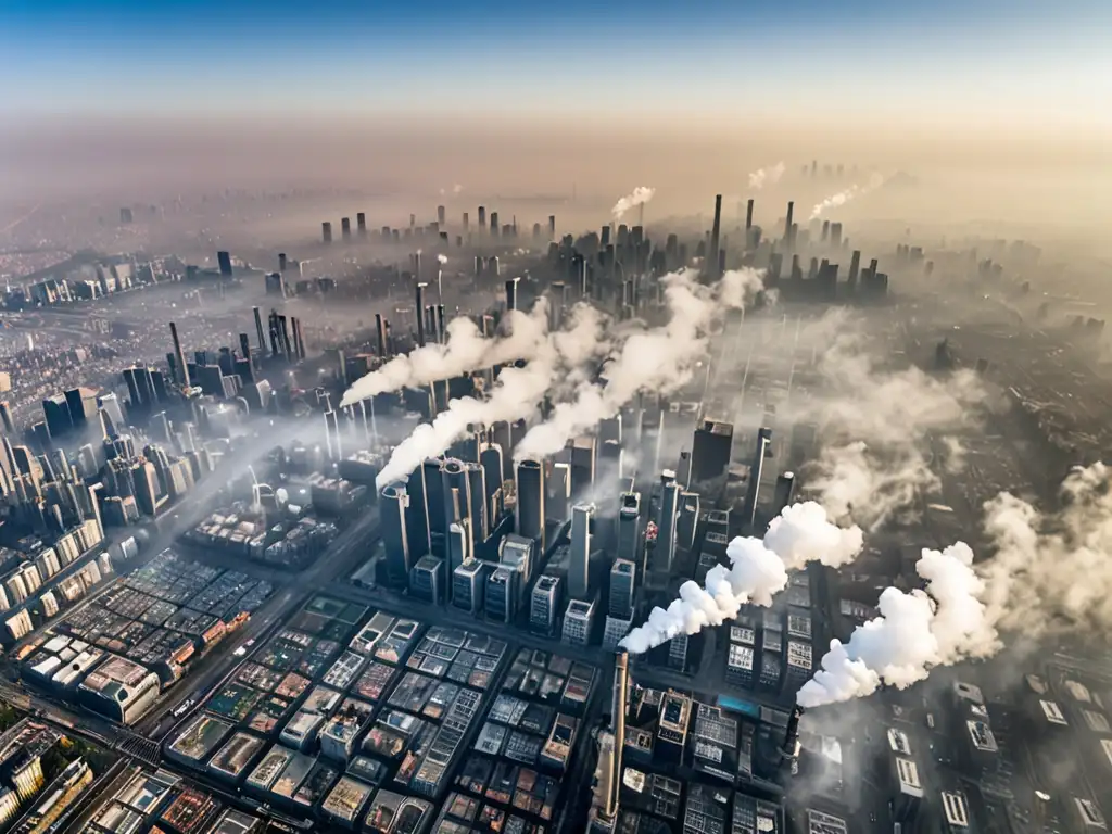 Vista aérea de área urbana con alta contaminación del aire y smog