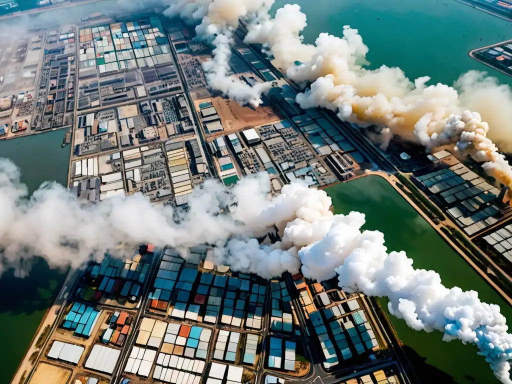 Vista aérea de áreas industriales en Asia con smog espeso y aguas contaminadas, contrastando con paisajes naturales