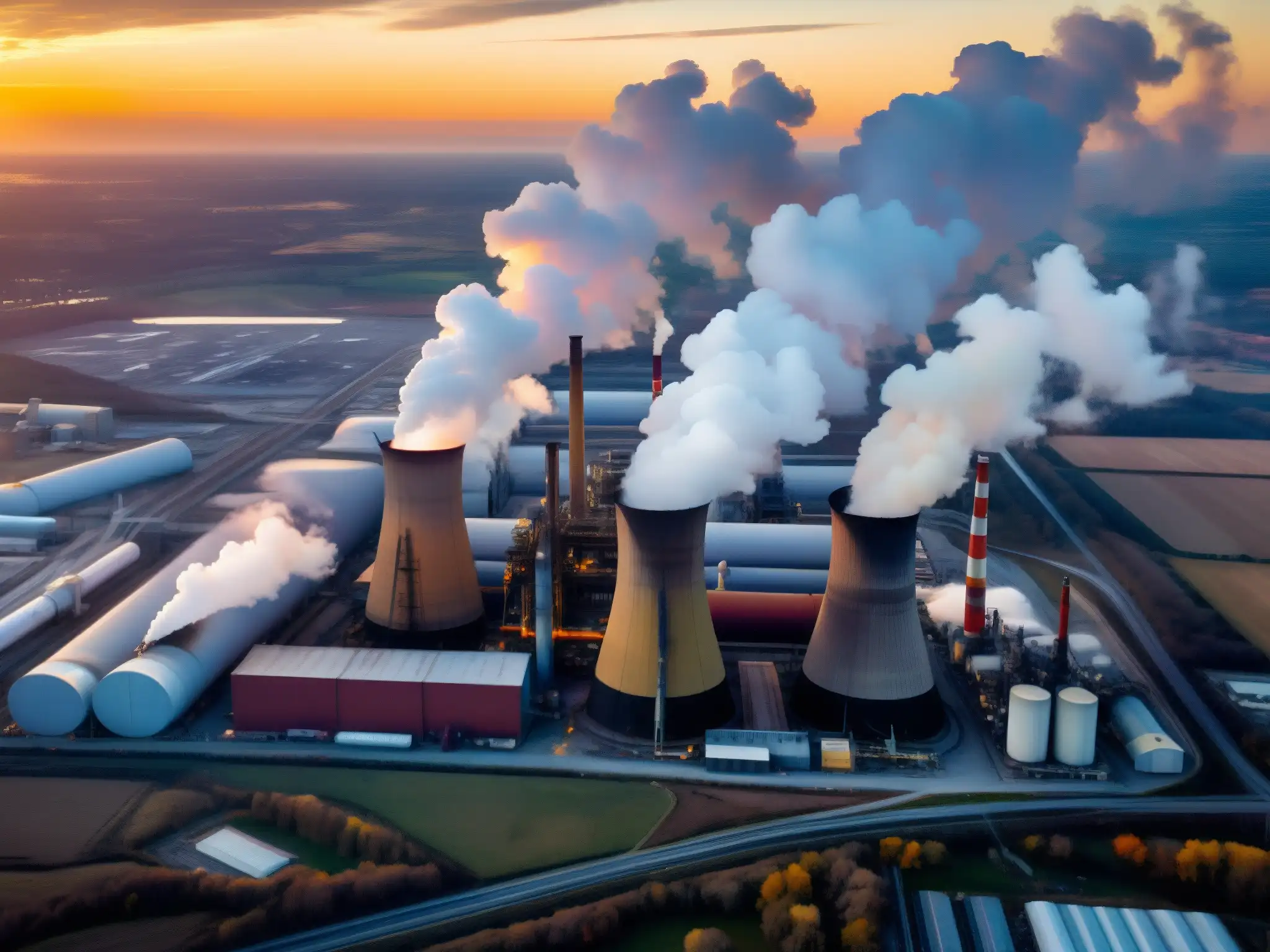 Vista aérea al atardecer de una extensa área industrial, con humeantes chimeneas y contaminación