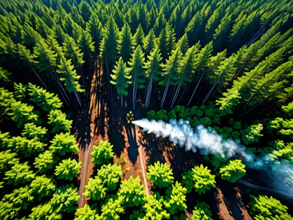 Prevención de incendios forestales: manejo proactivo Vista aérea de bosque denso con follaje verde vibrante bajo cielo azul