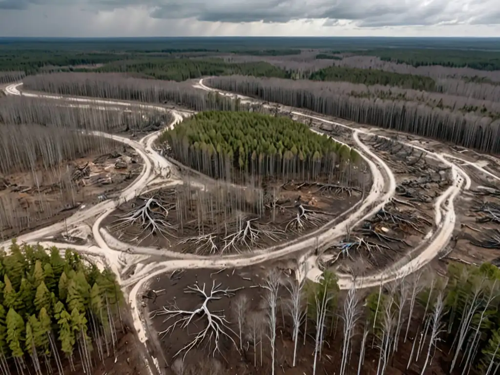 Vista aérea de un bosque devastado por desastre natural