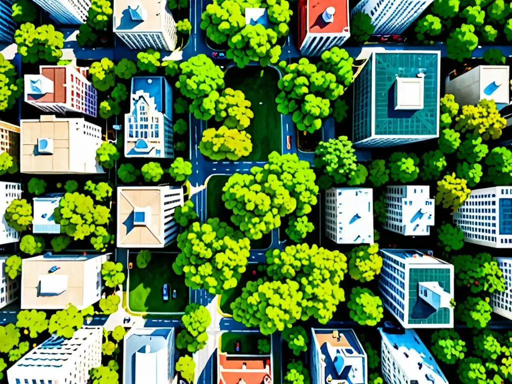 Vista aérea de una bulliciosa área urbana en Estados Unidos, con frondosos árboles verdes que contrastan con edificios