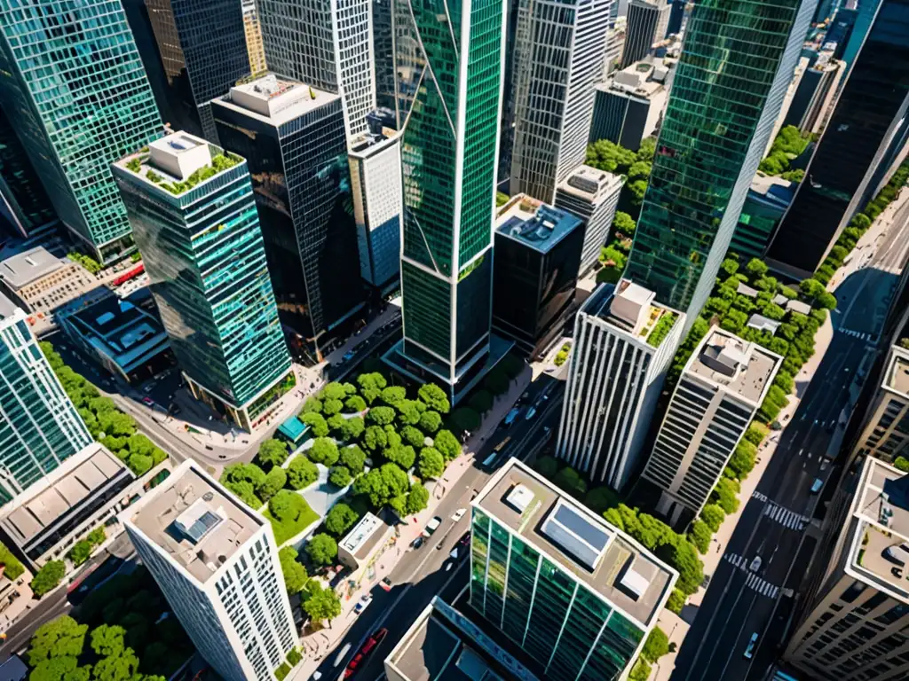 Vista aérea de una bulliciosa ciudad moderna, reflejando el dinamismo del emprendimiento sostenible